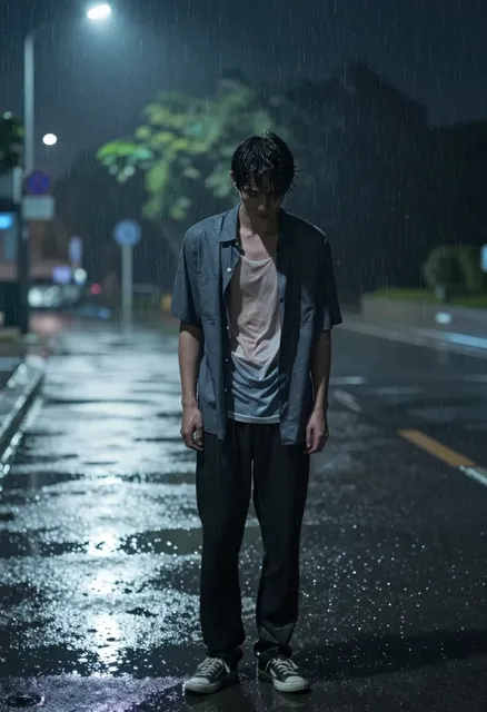 A melancholic young man standing alone in the rain, soaked to the skin, his face etched with sorrow and longing.