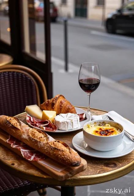 A cinematic, ultra-realistic photo of a traditional French dining scene on a rustic wooden table in a Parisian café.