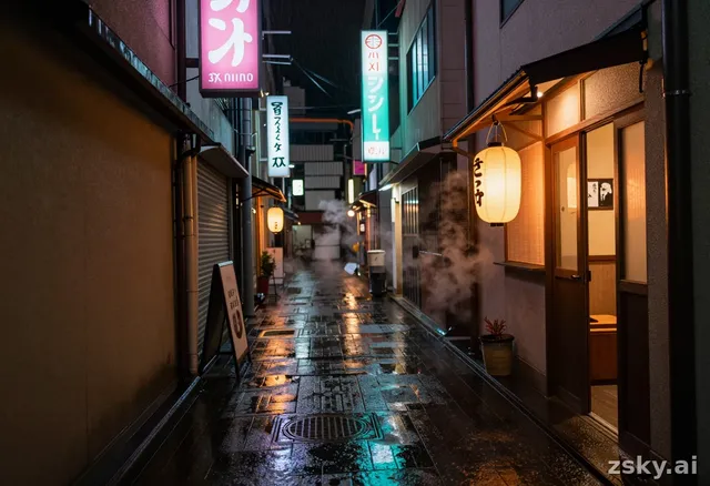 Wide cinematic namorphic shot of an empty Tokyo back alley at night, neon kanji signs flickering pink and cyan above wet…