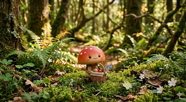 A small mushroom is walling through the woods to get purple berries, but spots a blue gemstone and gets exited and takes…