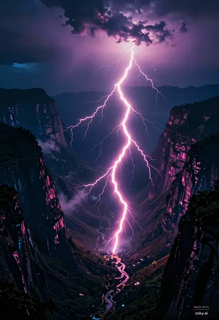 Wide aerial cinematic shot of neon-pink lightning rivers flowing through deep dark mountain valleys at night, the bolts…