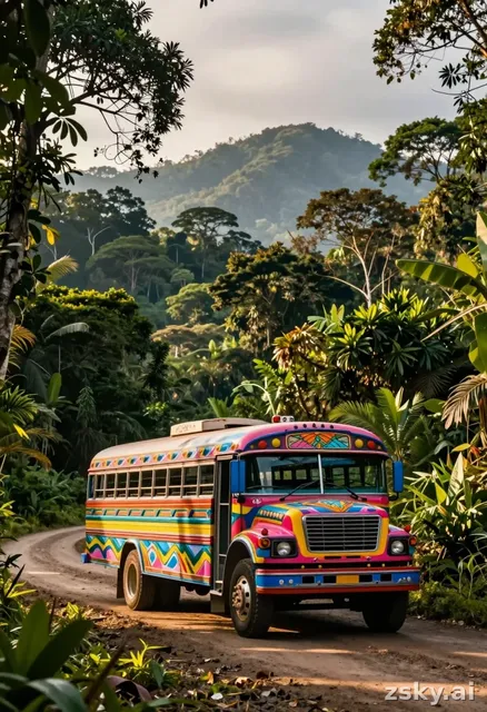 A photorealistic image rendered in a vintage aesthetic, capturing the lush and vibrant landscape of the Peruvian Amazon.