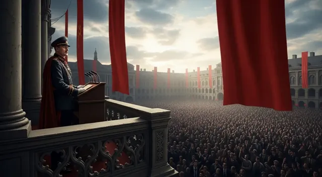 a man in a suit stands at a podium with red flags flags sway gently in the wind distant murmurs of a crowd and a faint echo…