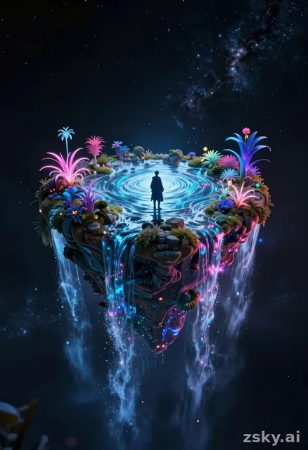A surreal fantasy-scifi masterpiece depicting a glowing floating island suspended in the vastness of space, with waterfalls…