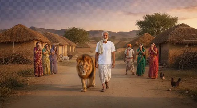 a man walking with a lion in front of a village the lion walks steadily beside the man gentle breeze rustling through trees