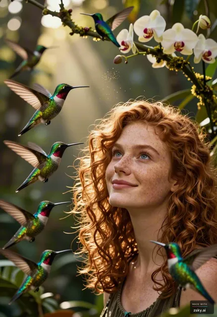 Cinematic close-up of a young woman with curly auburn hair and freckled skin, standing in a sun-dappled jungle clearing at…