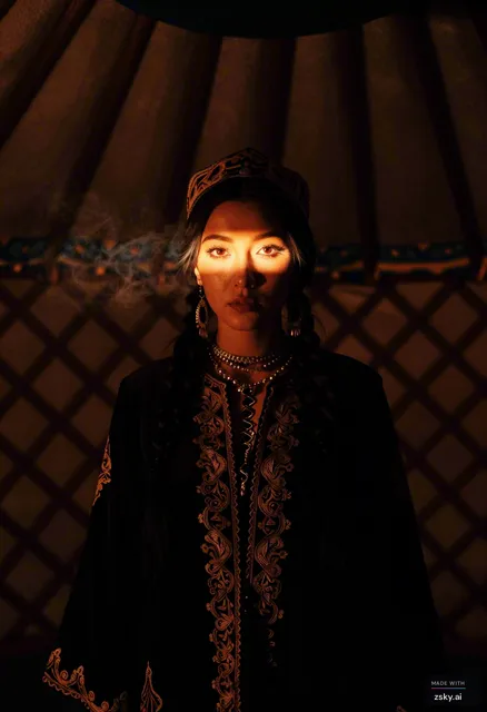 A Kazakh woman in traditional national clothing inside a yurt, cinematic dark hip-hop aesthetic, dim warm lighting, a single…