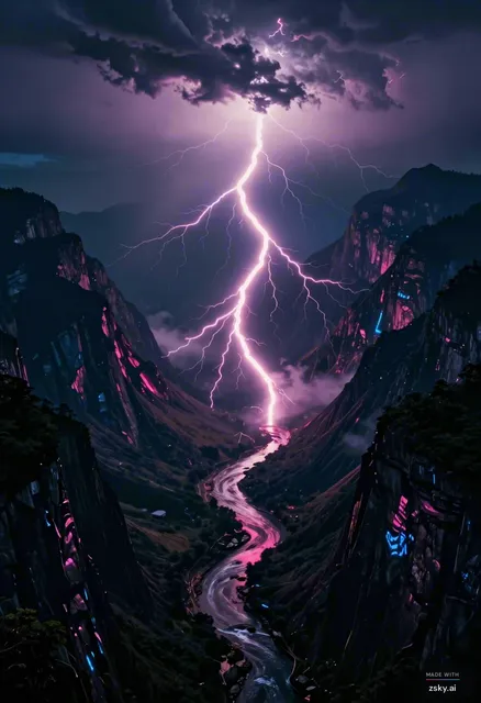 Wide aerial cinematic shot of neon-pink lightning rivers flowing through deep dark mountain valleys at night, the bolts…