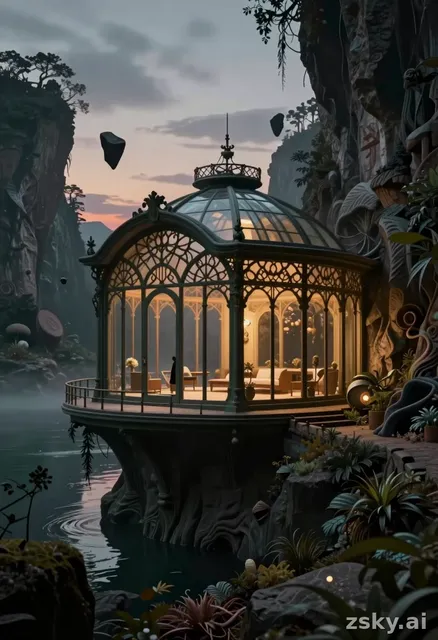 Create a surreal ghost place featuring a glass house seamlessly integrated into a dramatic landscape as an equally…
