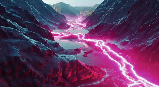 Aerial view of neon pink lightning rivers cascading through dark, jagged mountain valleys, glowing with vibrant magenta and…