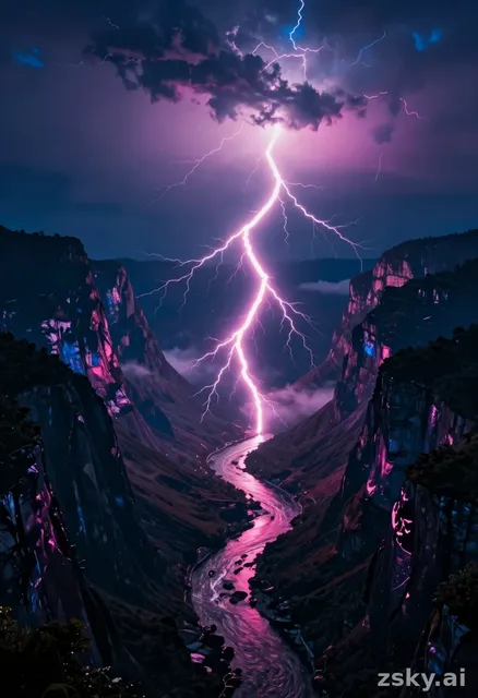 Wide aerial cinematic shot of neon-pink lightning rivers flowing through deep dark mountain valleys at night, the bolts…