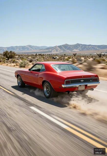 A photorealistic, high-speed action shot capturing a vintage red muscle car tearing down a deserted, sun-baked asphalt…