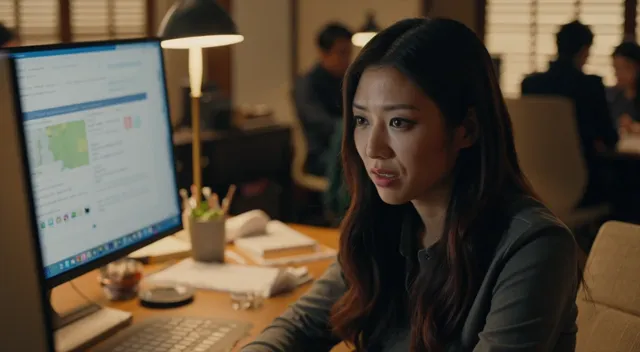 🎥 Close-up — sitting at desk 🎨 IMAGE PROMPT: Korean woman sitting at desk, looking at screen but distracted, soft indoor…