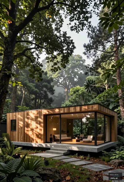 A photorealistic architectural rendering of a modern minimalist residence nestled within a dense, lush forest clearing.