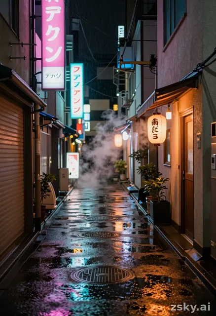 Wide cinematic anamorphic shot of an empty Tokyo back alley at night, neon kanji signs flickering pink and cyan above wet…