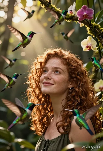Cinematic close-up of a young woman with curly auburn hair and freckled skin, standing in a sun-dappled jungle clearing at…