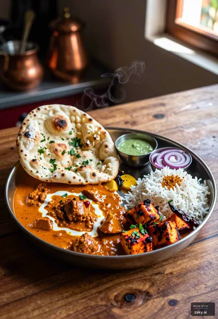 A photorealistic culinary food photography shot capturing the vibrant essence of a traditional Indian thali, centered in the…