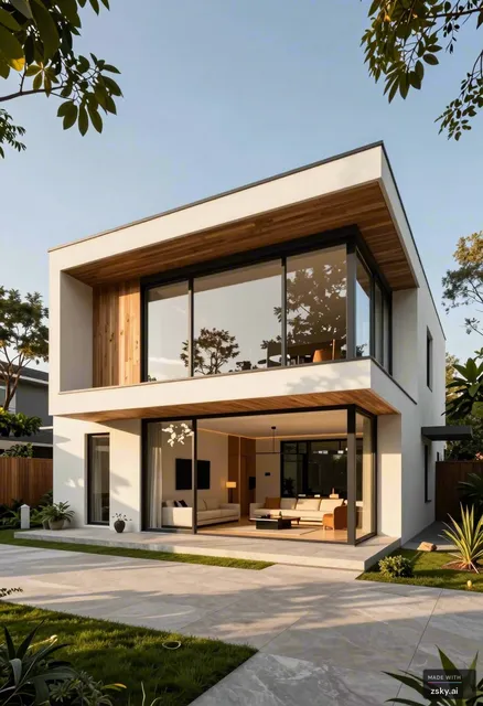A photorealistic architectural visualization of a stunning, modern three-story residence, captured from a low-angle…