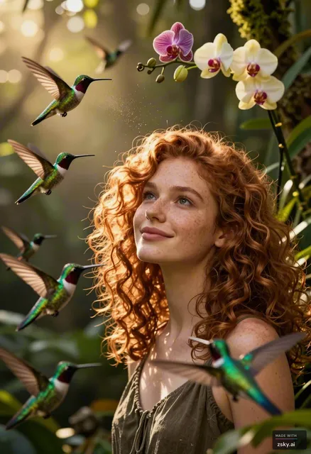 Cinematic close-up of a young woman with curly auburn hair and freckled skin, standing in a sun-dappled jungle clearing at…