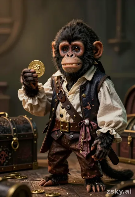 Crea una imagen de este mono capuchino pequeño, vestido como pirata del siglo XVIII, ropa antigua desgastada, sosteniendo…
