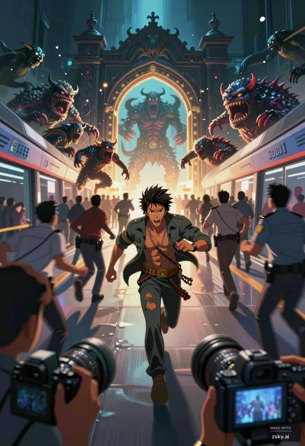 Anime cinematic scene, Bangalore metro station, people running in panic, glowing dungeon gate opening, monsters emerging…