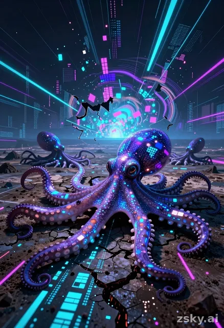 A surreal, glitch-art inspired landscape where the fabric of reality is unraveling into digital noise.