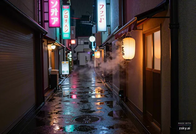 Wide cinematic anamorphic shot of an empty Tokyo back alley at night, neon kanji signs flickering pink and cyan above wet…