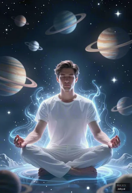 A man meditating in space, glowing energy around body, planets and stars forming aura, peaceful, surreal art style”