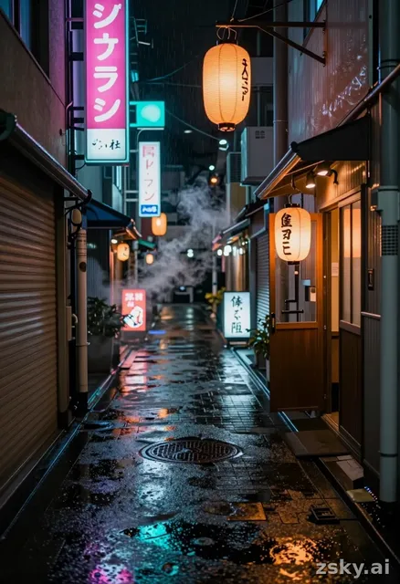 Wide cinematic anamorphic shot of an empty Tokyo back alley at night, neon kanji signs flickering pink and cyan above wet…