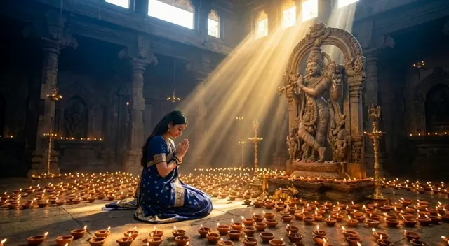 A breathtaking grand cinematic wide shot of the woman in the blue saree from the image, completely surrendered in prayer…