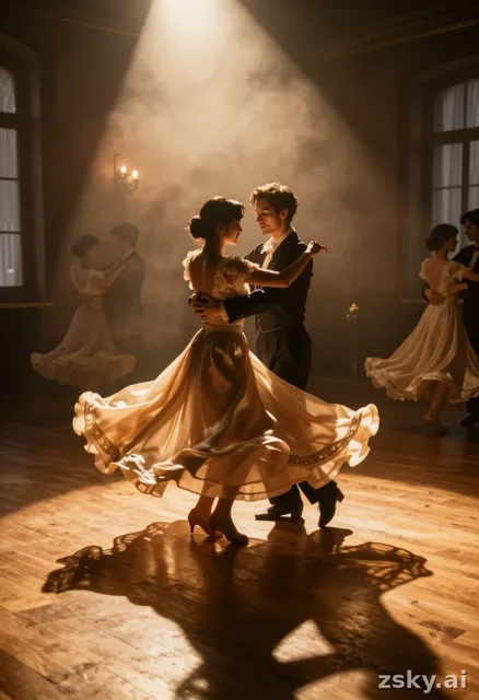 A slow-motion photographic image of a swirling misty dance floor under golden spotlight beams, capturing the fluid motion of…