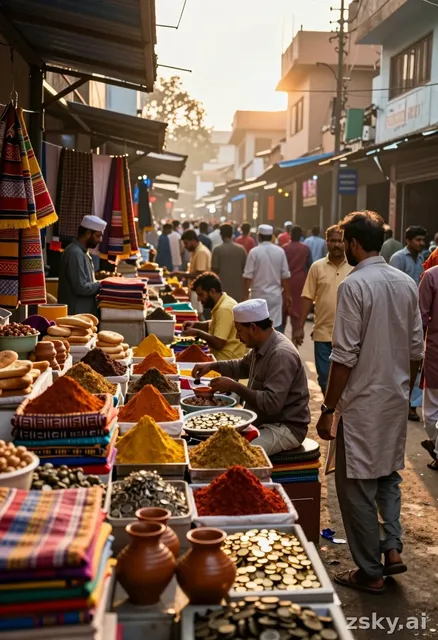 A cinematic 4K video of a vibrant, bustling Indian market at sunrise, captured with a dynamic wide-angle lens.