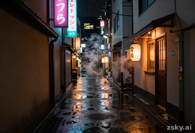 Wide cinematic anamorphic shot of an empty Tokyo back alley at night, neon kanji signs flickering pink and cyan above wet…