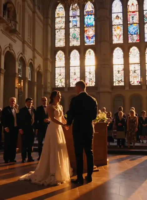 A dramatic cinematic scene set inside a grand, candle-lit church during a wedding ceremony.