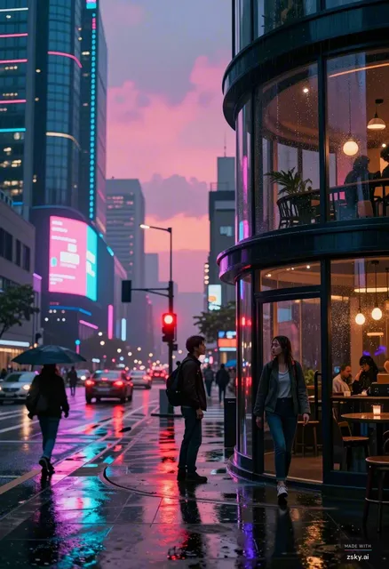> A wide cinematic cyberpunk city street at evening with light rain, sky glowing in deep pink, magenta, and electric blue…