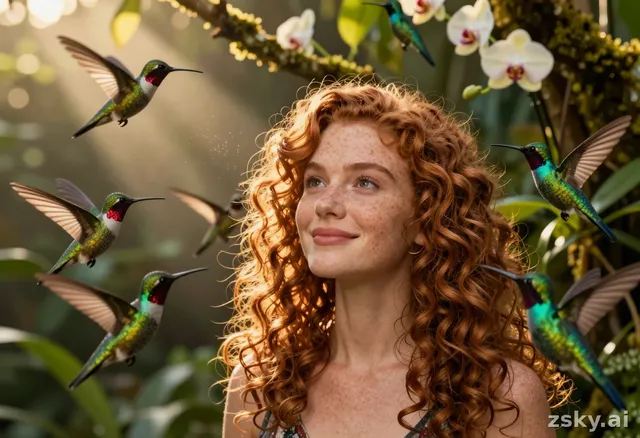 Cinematic close-up of a young woman with curly auburn hair and freckled skin, standing in a sun-dappled jungle clearing at…