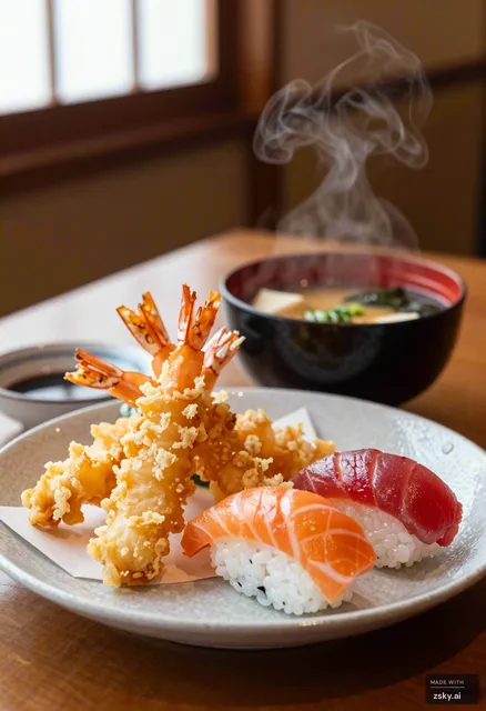 A photorealistic culinary macro photograph centered on an inviting Japanese izakaya table setting, featuring a harmonious…