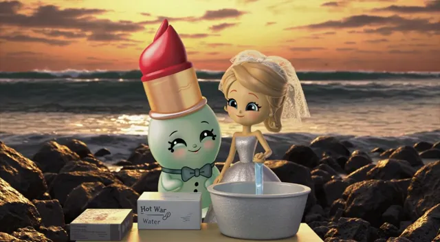 Cute animated lipstick groom and makeup bottle bride standing together like a wedding couple, table with one box of hot…