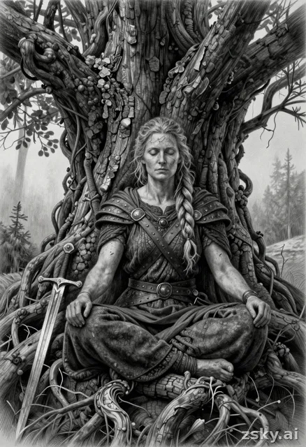 Ancient Viking woman warrior, middle-aged and experienced, sitting in deep meditation, seamlessly merged with a massive…