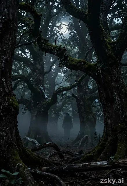 A photorealistic, atmospheric horror scene set deep within an ancient, primordial forest.