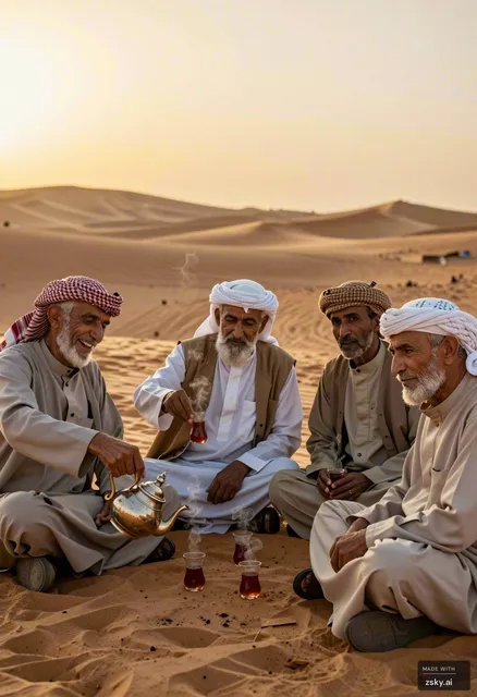A group of 5 elderly Bedouin men sitting together in the desert at sunset, each with unique facial features and expressions.