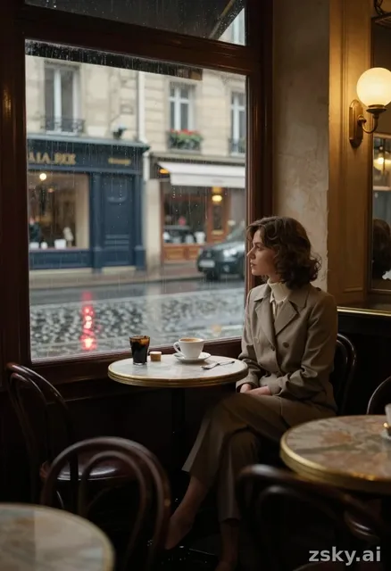 vintage european cafe interior, rainy window view, woman sitting alone with coffee, looking outside, soft street lights…