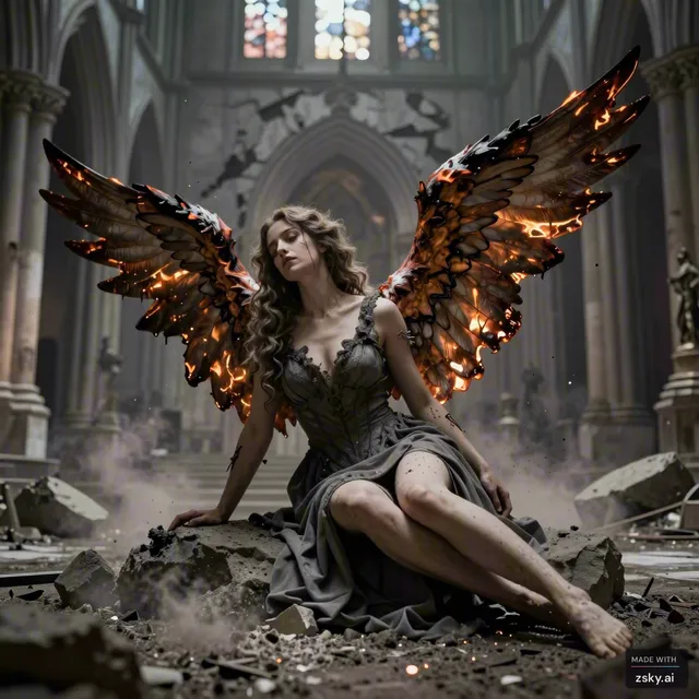 fallen angel with burned wings in a ruined cathedral, ash floating in the air, dark spiritual symbolism”