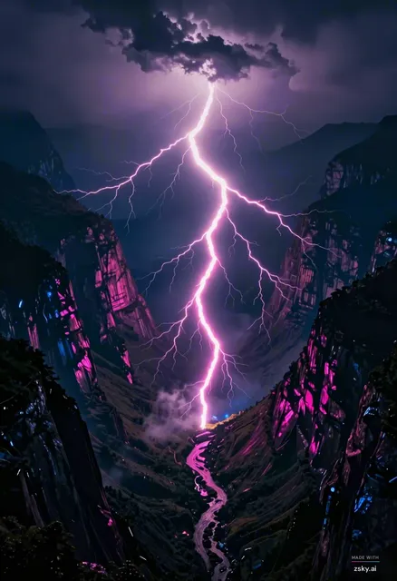 Wide aerial cinematic shot of neon-pink lightning rivers flowing through deep dark mountain valleys at night, the bolts…