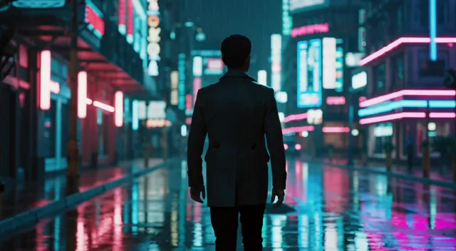 A cinematic shot of a futuristic neon city at night, rain falling in gentle sheets, reflections shimmering on wet streets, a…