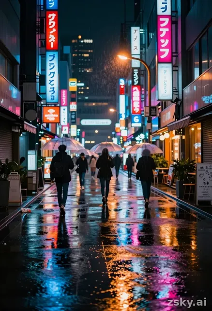 A photorealistic cinematic wide shot capturing the electric atmosphere of a rain-soaked Tokyo street at night, focusing on…
