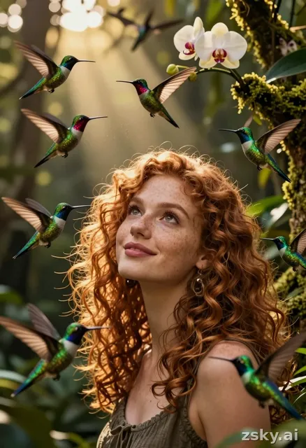 Cinematic close-up of a young woman with curly auburn hair and freckled skin, standing in a sun-dappled jungle clearing at…