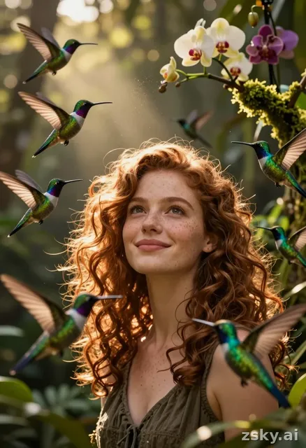 Cinematic close-up of a young woman with curly auburn hair and freckled skin, standing in a sun-dappled jungle clearing at…