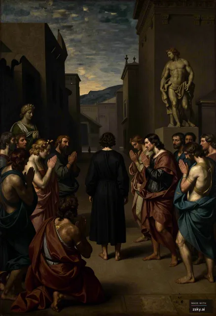“Renaissance oil painting, inspired by Leonardo da Vinci, Greek tragic composition, dark moody lighting, chiaroscuro…