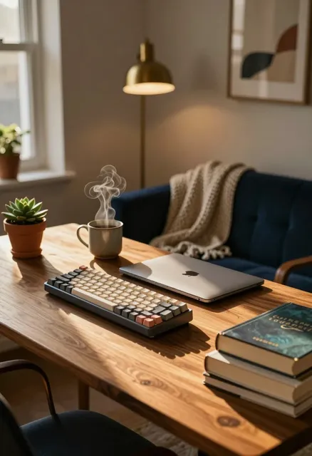 A photorealistic interior shot of a meticulously arranged home office corner, capturing the essence of quiet productivity…